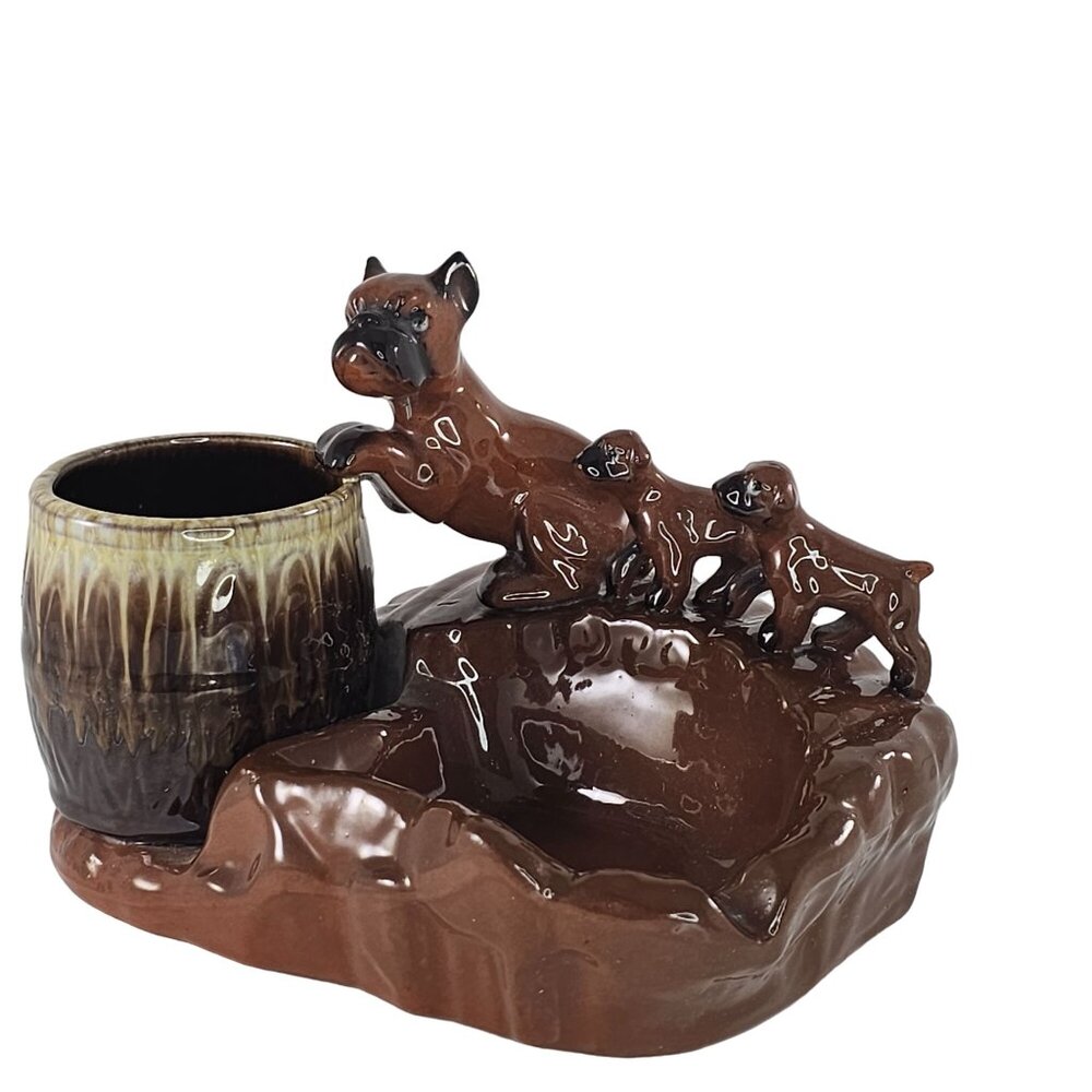 Vintage Ceramic Boxer Dog Family Ashtray Cigarette Holder Catchall Dresser Caddy